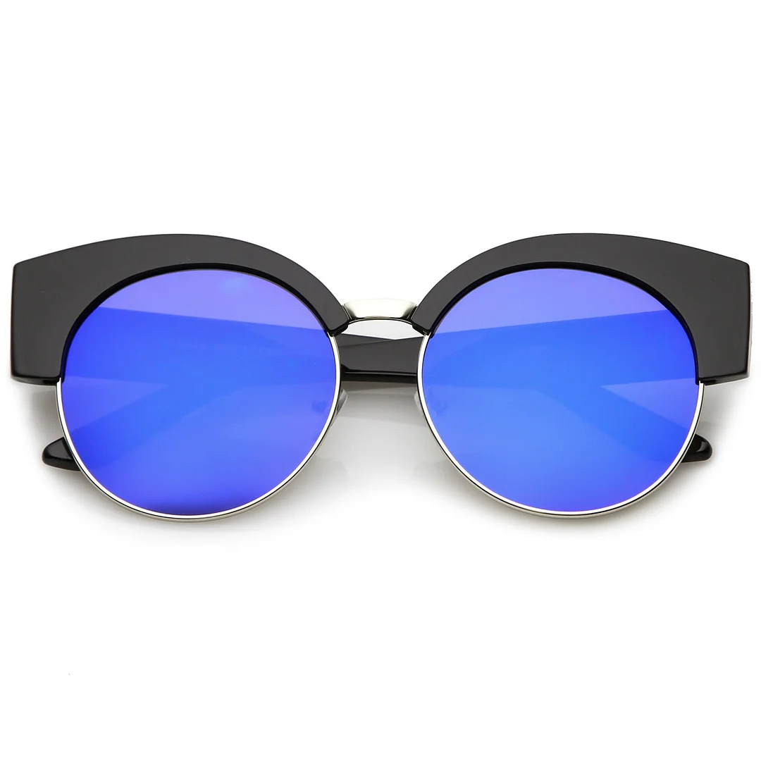 Women's Half Frame Oversize Cat Eye glasses Round Mirrored Flat Lens 59mm