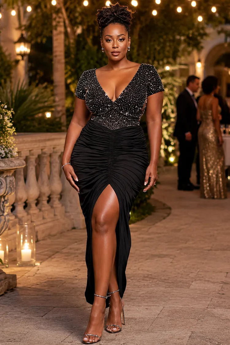 Xpluswear Design Plus Size Cocktail Party Black V Neck Short Sleeve Drilling Split Satin Midi Dresses [Pre-Order] 2024 - Xpluswear