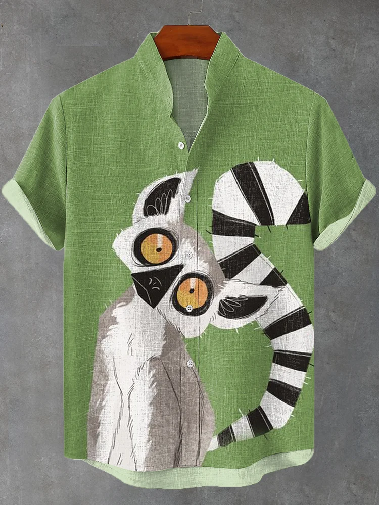 Men's Fun Forest Lemur Natural Art Print Short Sleeve Linen Blend Shirt