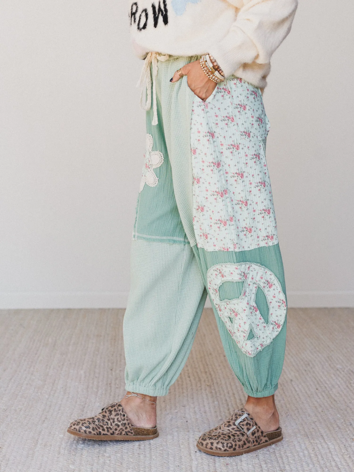 Cool Girl Patch Work Pants - Mint Green