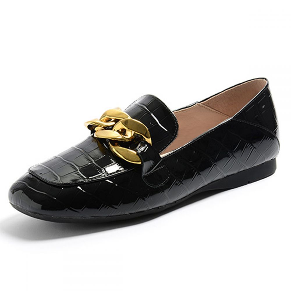 Black Patent Leather Embossed Flats Chain Decor Loafer Shoes Women Nicepairs