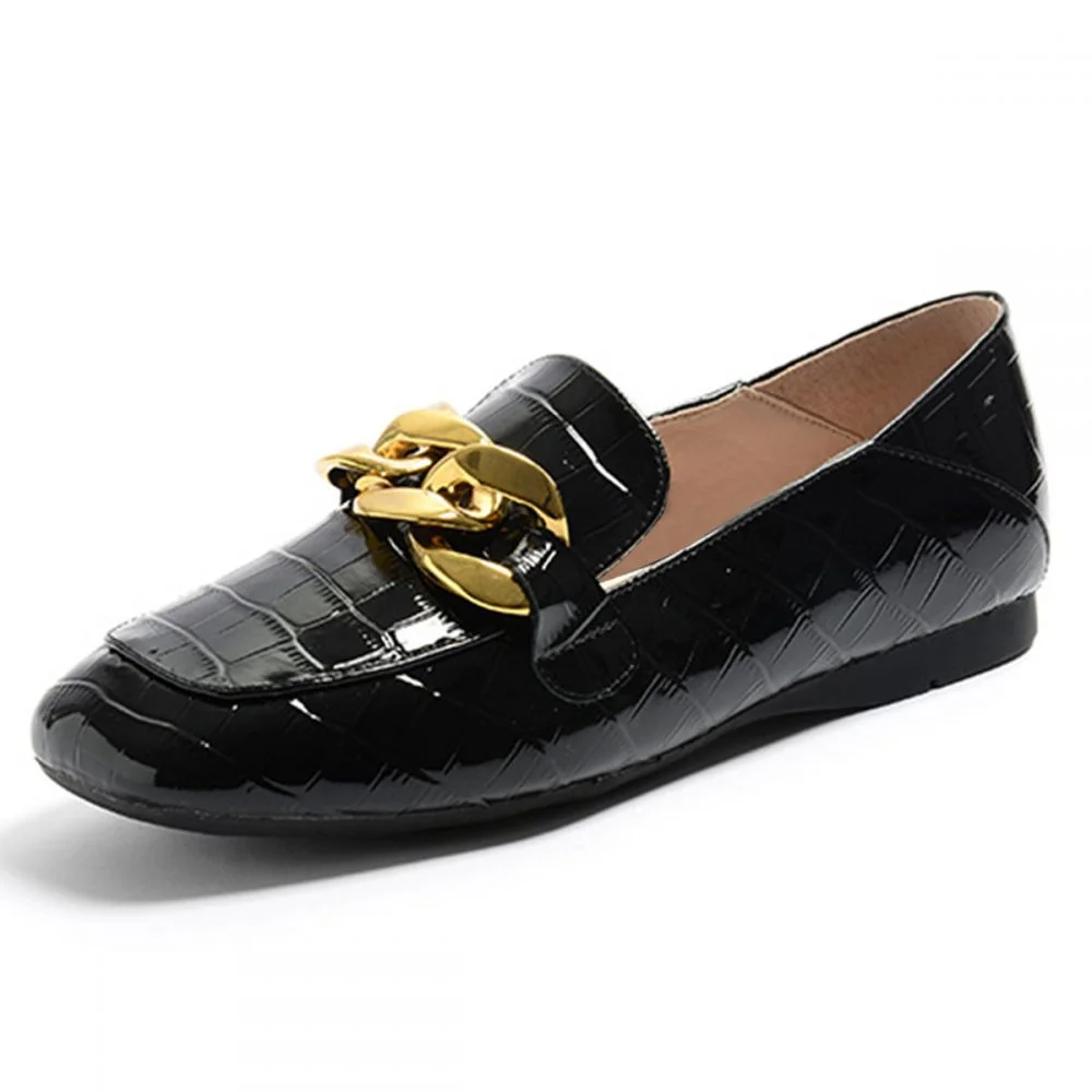 Black Flat Loafers For Women Quilted Flats Casual Shoes With Chain Nicepairs