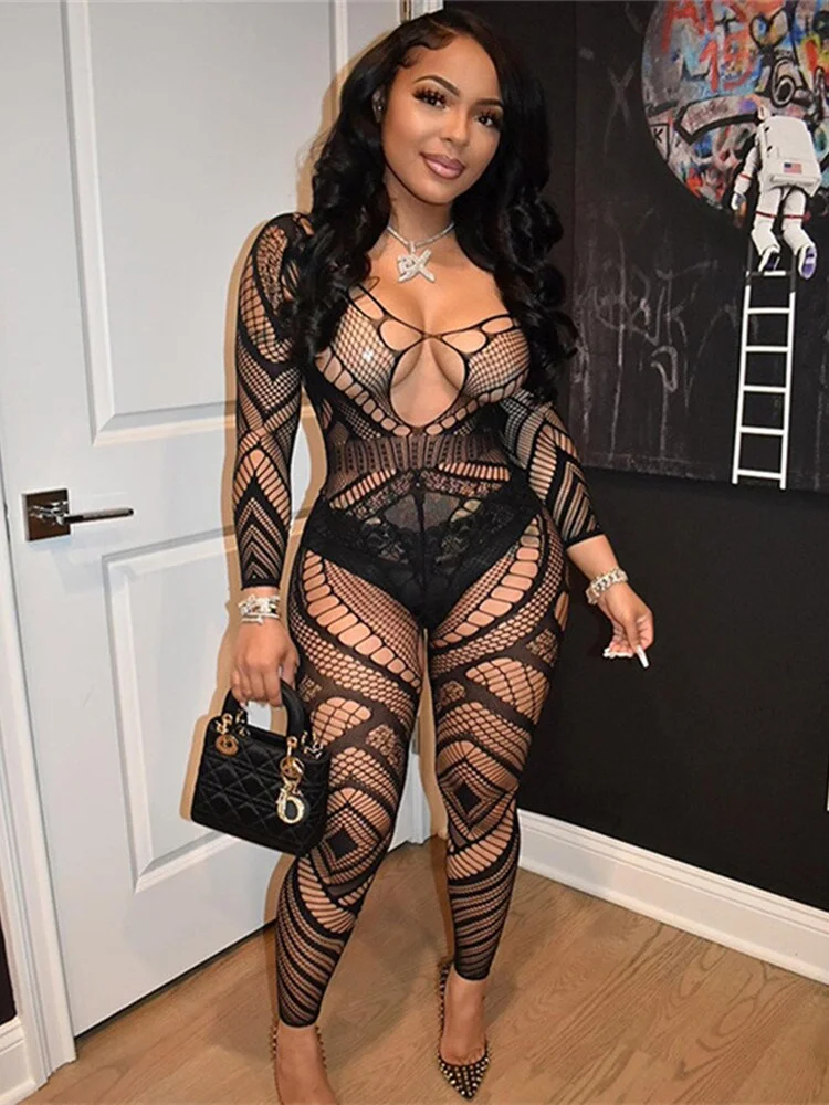 Brownm Summer Lace Black Jumpsuit Hollow Out Sexy 1 One Piece Club Outfits Women 2022 Rompers Mesh See Through Bodycon Jumpsuit