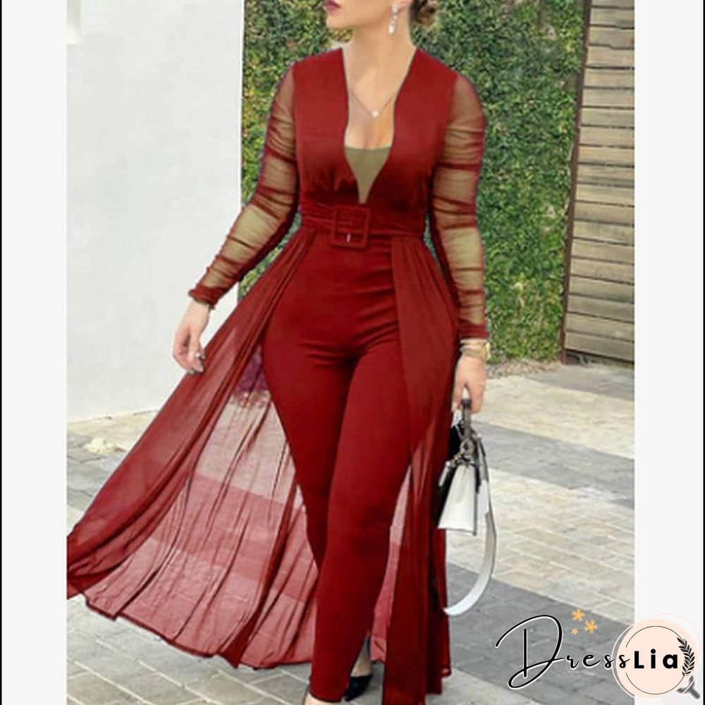 Jumpsuit Women Long Sleeve Elegant Women Jumpsuit Deep V Neck Off Shoulder Mesh Jumpsuit Long Sleeve Lace Slim Stitching Suit