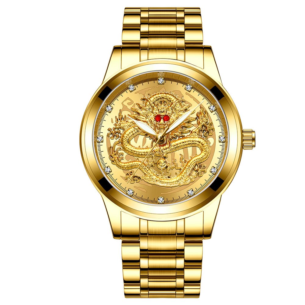 FNGEEN Embossed gold dragon waterproof ruby diamond watch