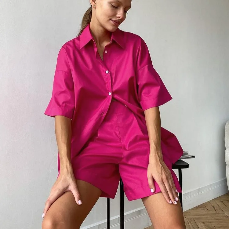 Summer Casual Short Set Pocket Tracksuit Loungewear Co-ord Women Outfits Long Oversized Shirt And High Waist Shorts
