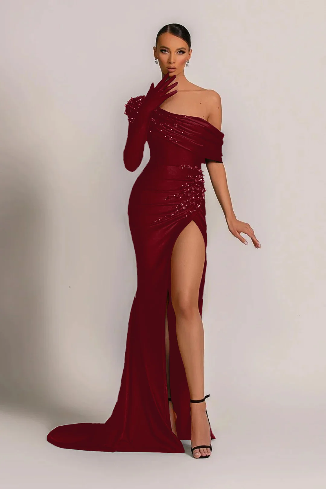 18301 Emerald Green One Sleeve Shimmer Slit Dress
