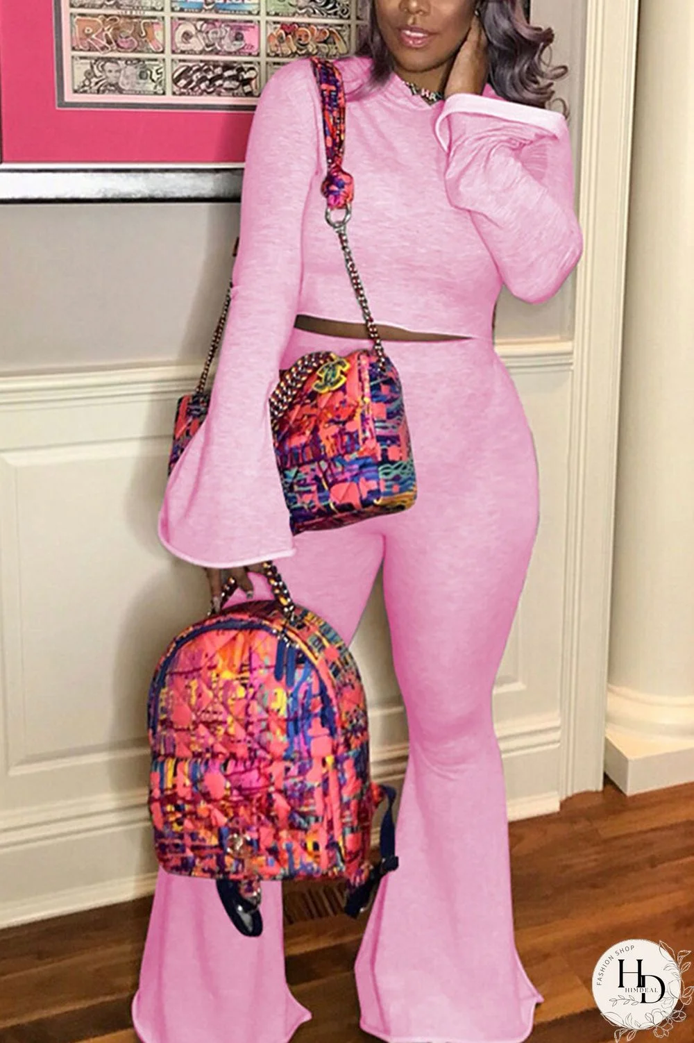 Pink Sexy Solid Patchwork Hooded Collar Long Sleeve Two Pieces