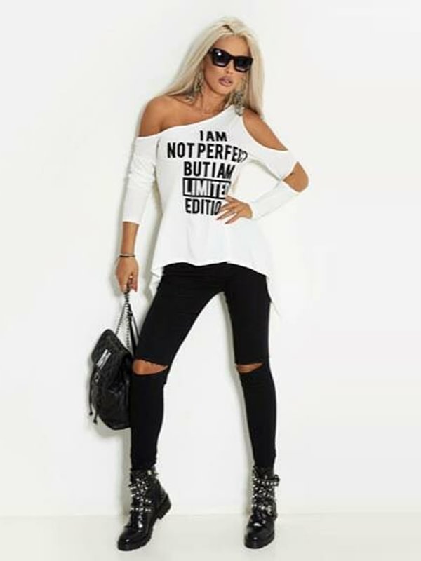 Off-The-Shoulder Letter Print Top&Hollow Leggings Casual Suits