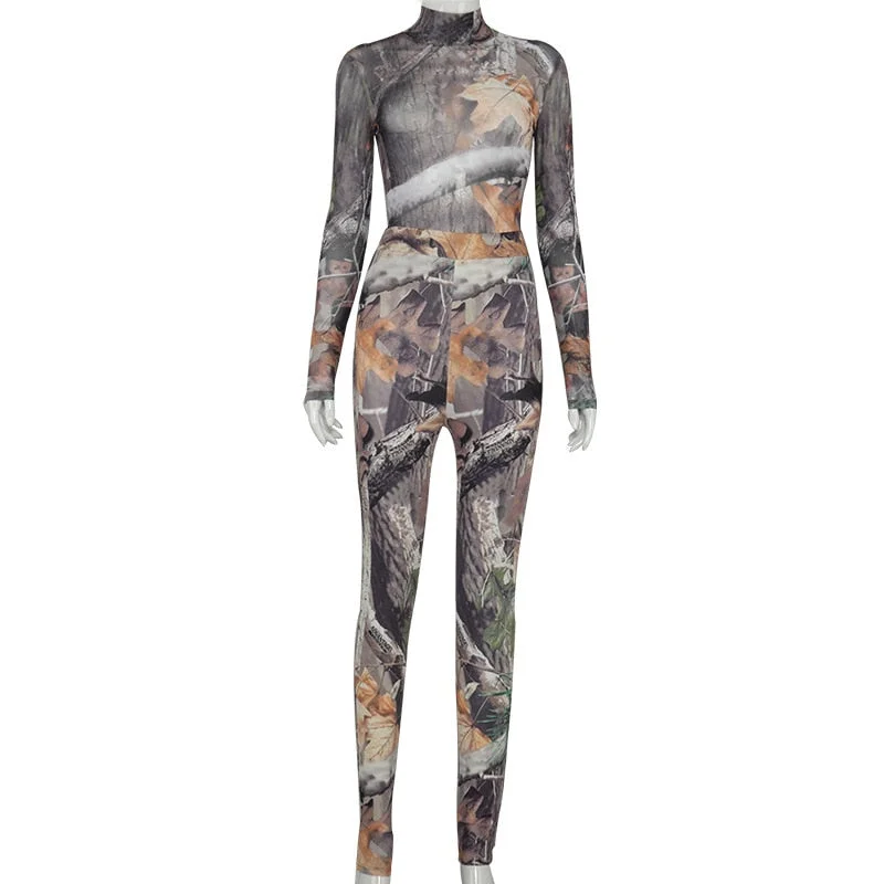 Woman Fashion Leaves Print Two Piece Set Long Sleeve Bodysuit Top And Pencil Pants Fall Clothes Sexy Party Streetwear Outfits
