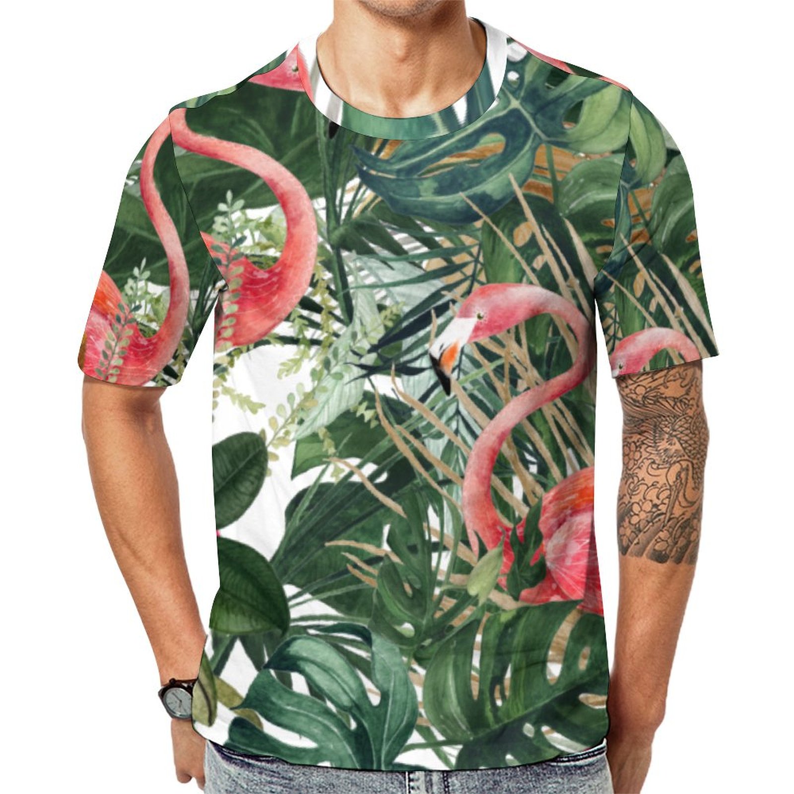 Green Watercolor Flamingo Tropical Leaves Short Sleeve Print Unisex Tshirt Summer Casual Tees for Men and Women Coolcoshirts