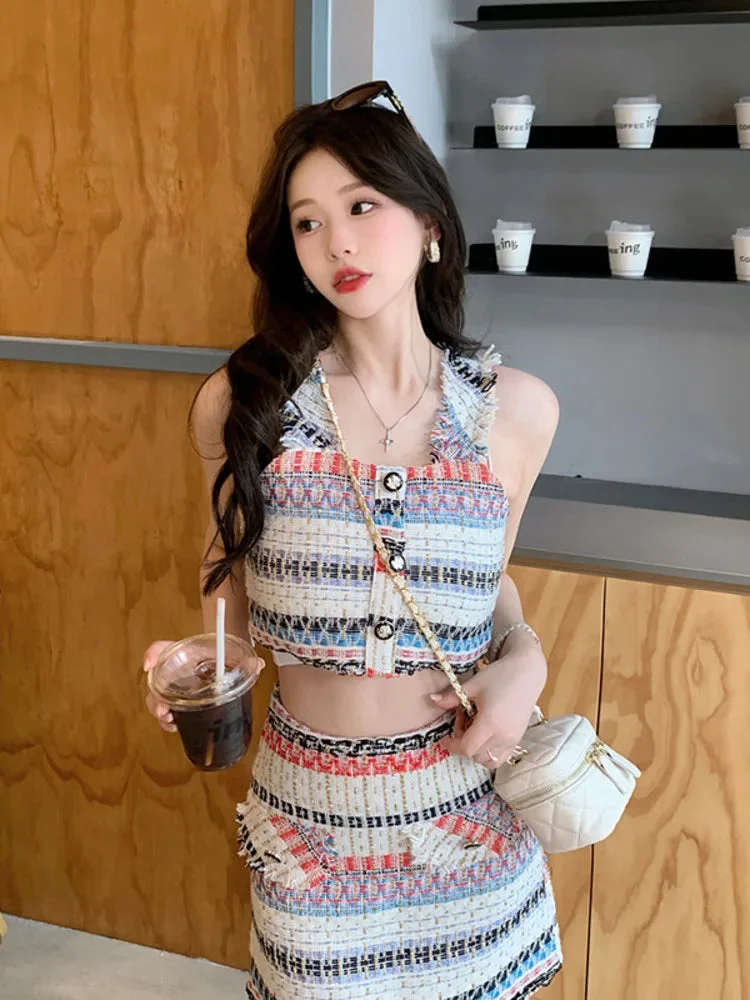 Huiketi Korean Fashion Sexy Tweed Stripe 2 Piece Set For Women Short Camisole Crop Top + A-line Skirt Two Piece Skirt Set Outfits