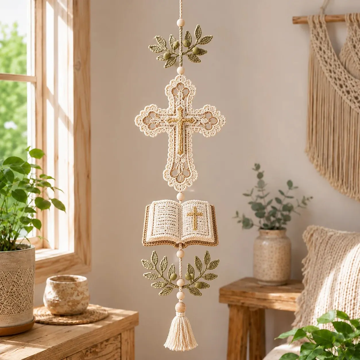 Close details of crochet lace and wooden beads on the faith hanging cascade