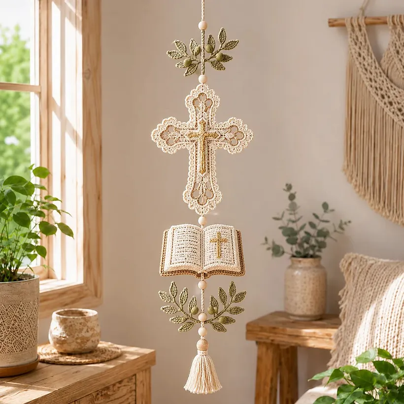 Close details of crochet lace and wooden beads on the faith hanging cascade
