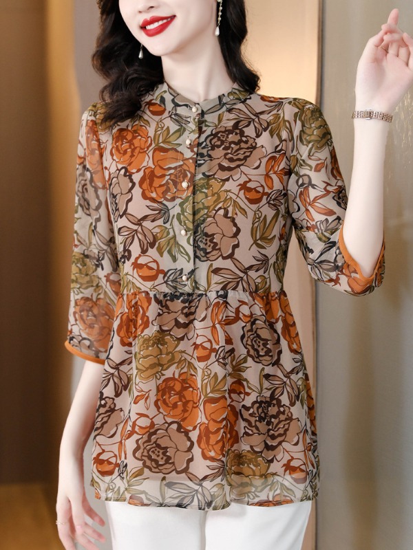 Temperament Chiffon Printed Loose Collar Shirt
