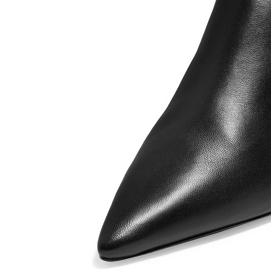 Black Vegan Leather Pointed Toe Back-Zip Ankle Boots with Kitten Heel