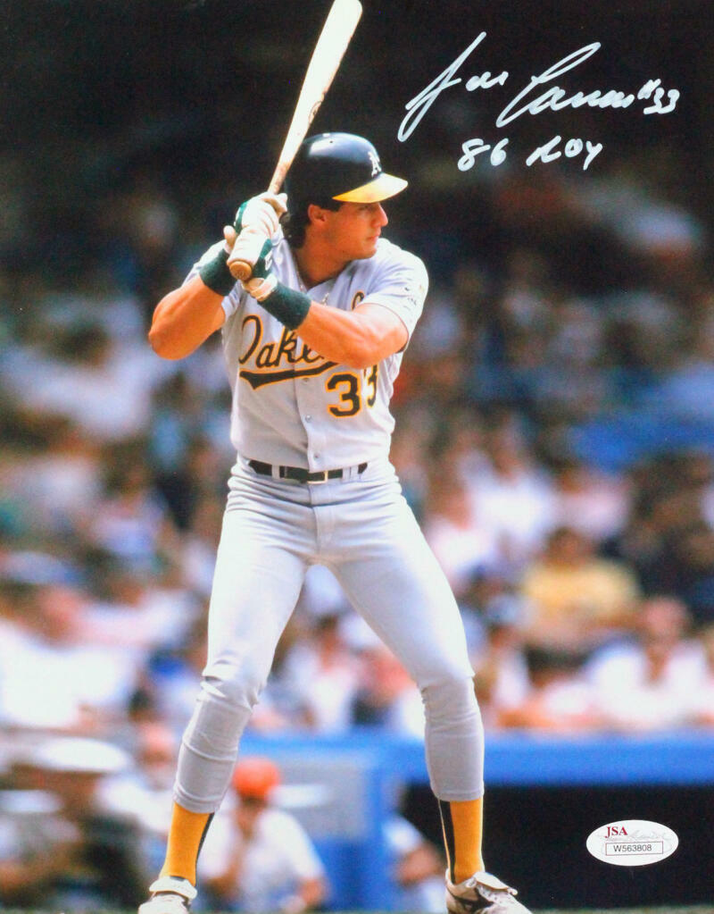 Jose Canseco Autographed Oakland 8x10 Swinging Photo Poster painting W/ 86 ROY- JSA W *White