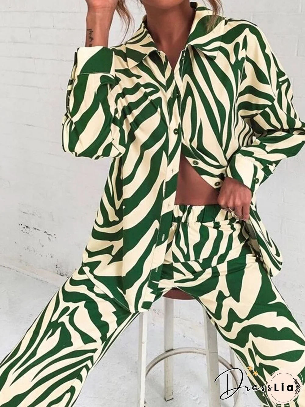 Casual Women Summer Printed Tracksuit Two Piece Set Ladies Streetwear Suits Ol Lapel T-shirts Blouse Long Pencil Trouser 2PC