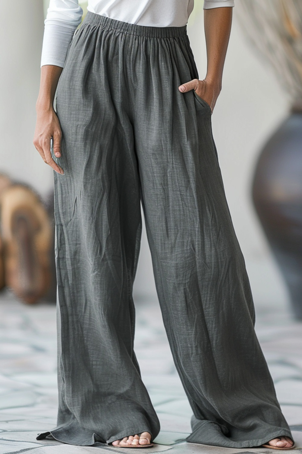 Flycurvy Plus Size Casual Dark Grey Linen Solid Elastic Waist Wide Leg Pocket Pants 2024 - Flycurvy 