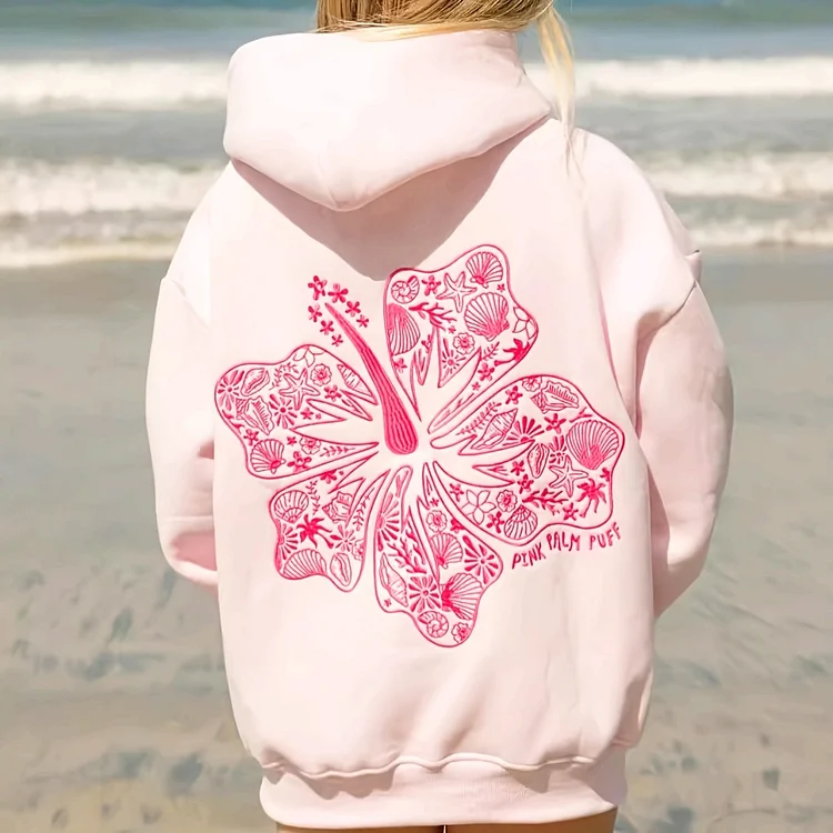 Women's Casual Sporty Graphic Print Hoodie - Vibrant Pink Floral Design, Oversized Hooded Sweatshirt For Beach & Casual Attire, Breathable Polyester, Machine Washable, Beach Clothes, Beachwear Essentials, Trendy Casualwear, Comfortable Fit
