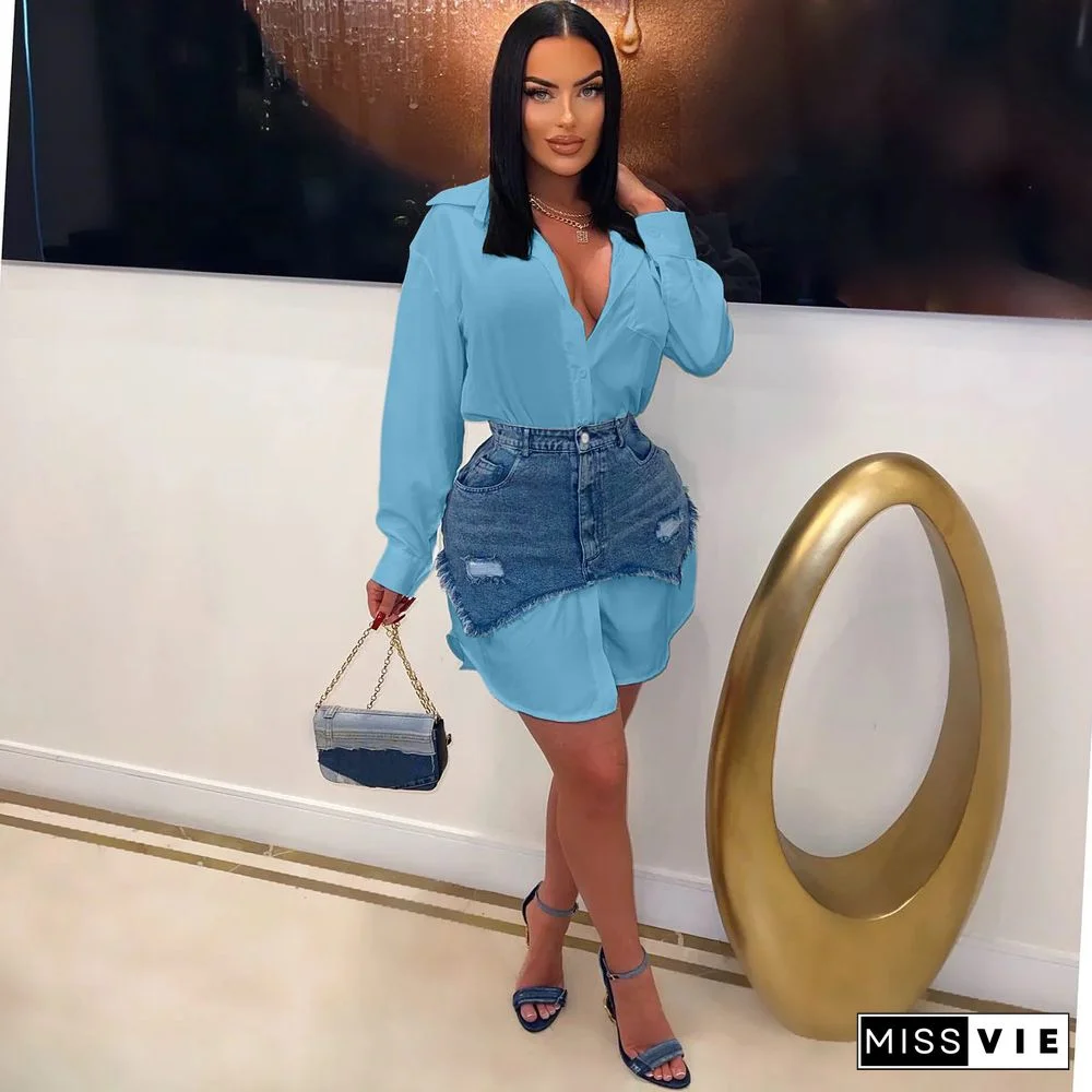 Long Sleeve Shirts+Denim Skirt Two Piece Sets