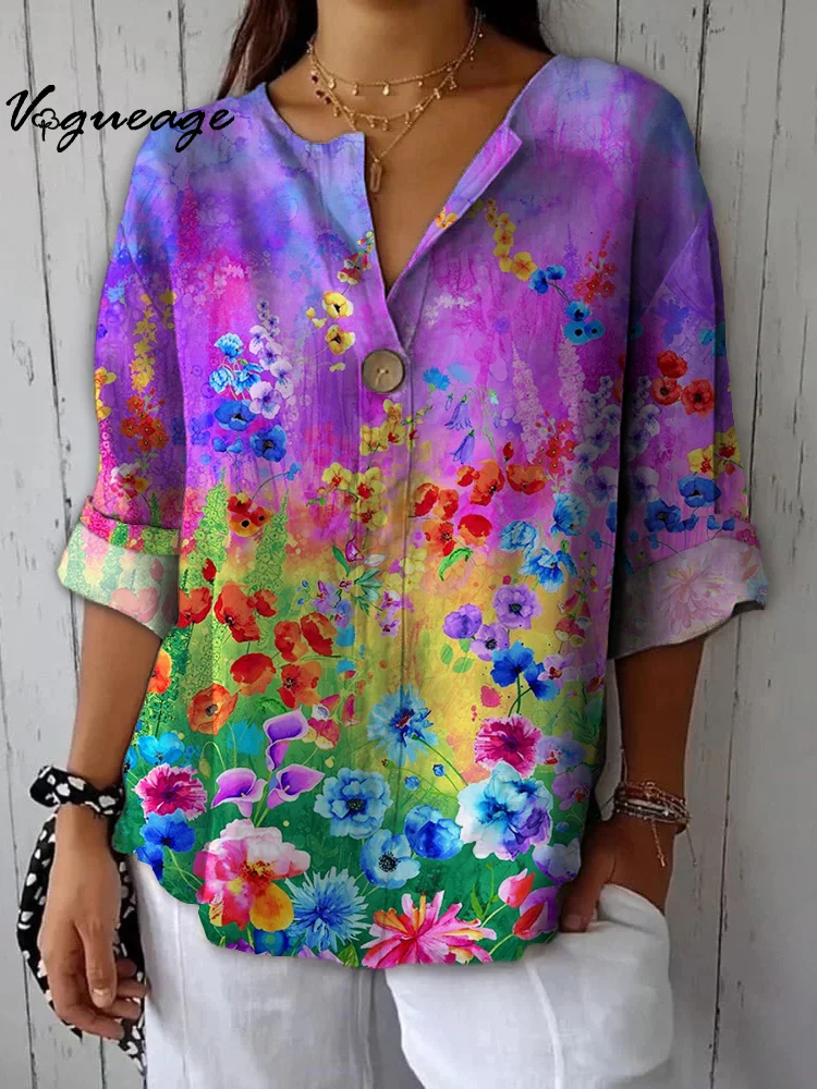 Bright And Beautiful Watercolor Flowers Printed Cotton And Linen Shirt