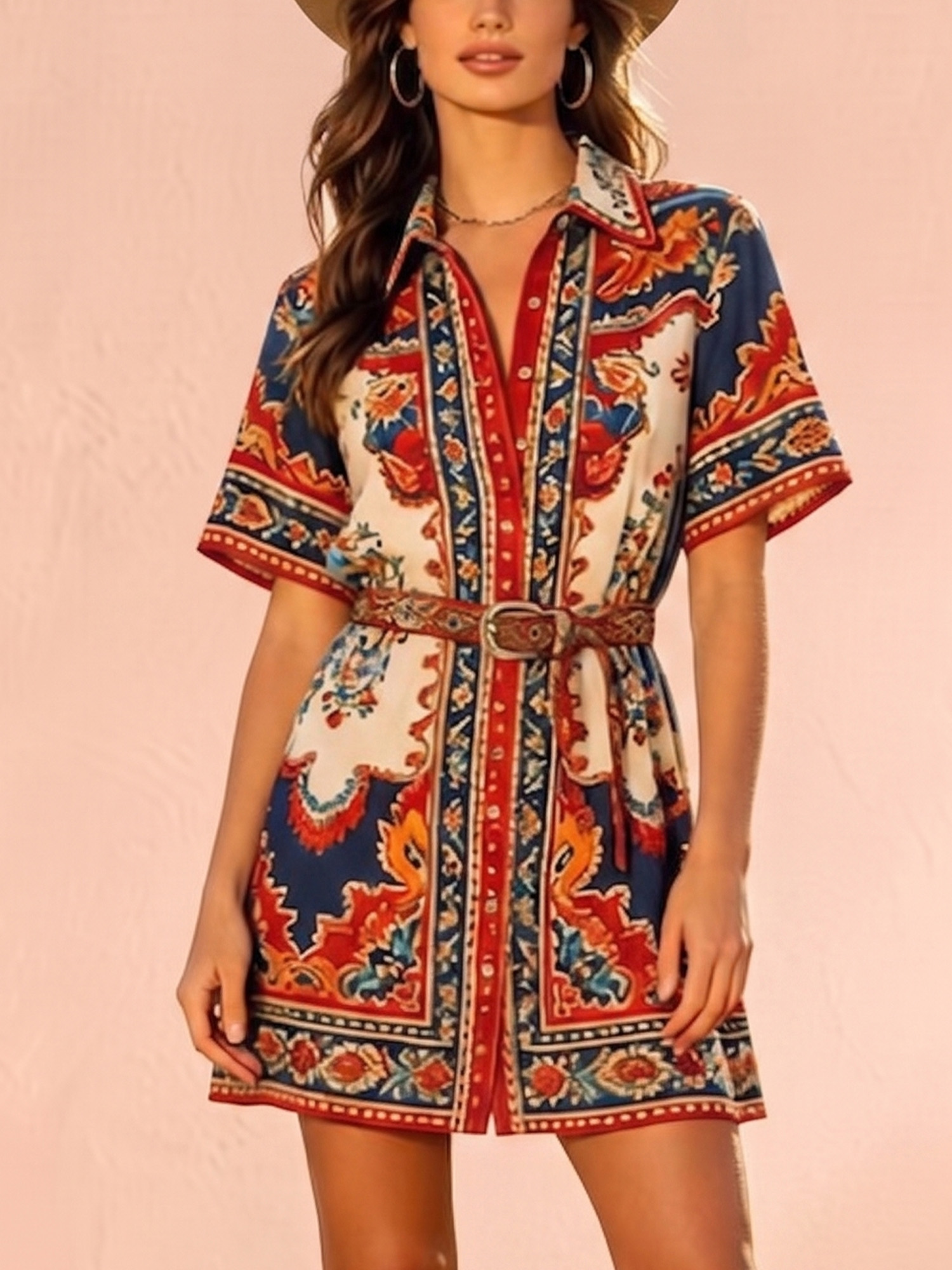 Western-Style Mini Skirt &mdash; A Vintage Indigo And Deep Crimson Baroque Tile Print Mini Dress With A Fitted Waist And Tie.