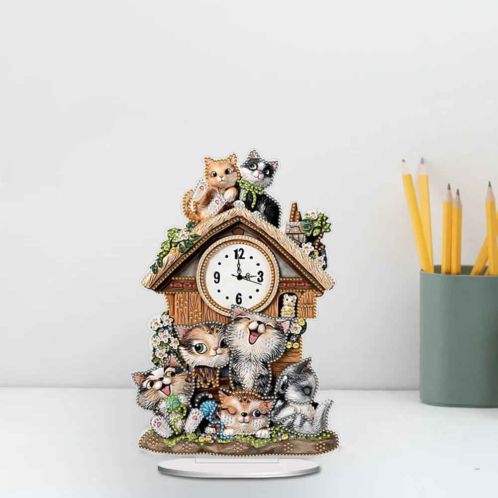 DIY Cat Hut Acrylic Special Shaped 5D Diamond Painting Clock Art Craft