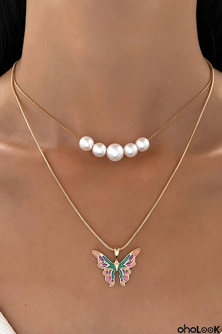 Pearl Butterfly Double Layer Necklace