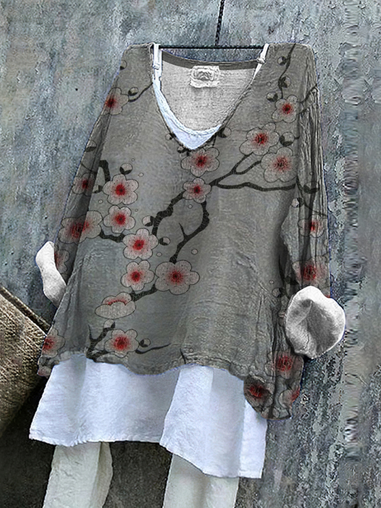 Comstylish Women's Japanese Art Plum Blossom Loose Casual Shirt