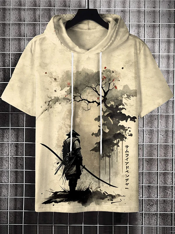 Men's Vintage Japanese Samurai Ink Painting Print Hooded T-shirt