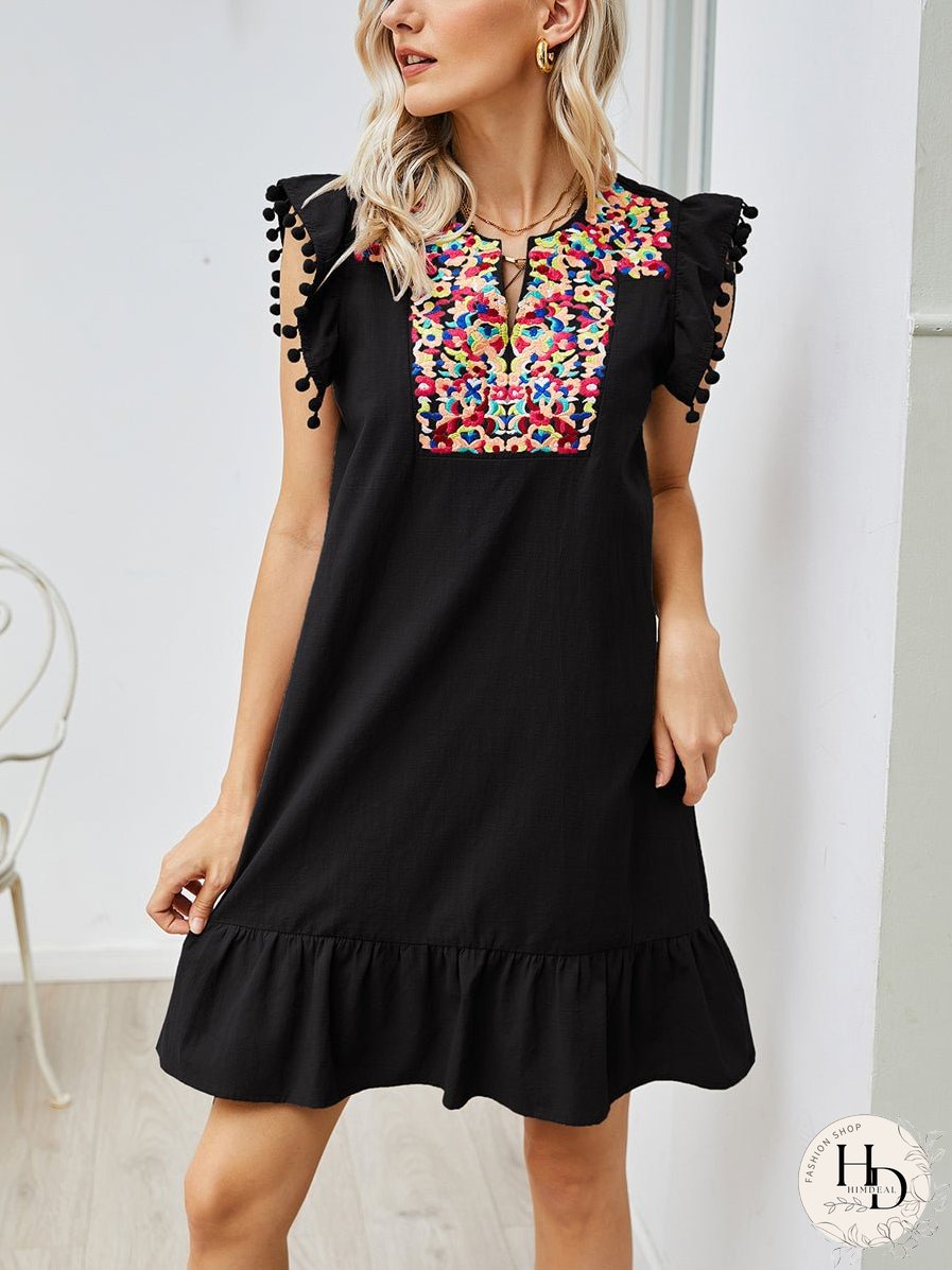 Embroidery Flutter Sleeve Mini Dress