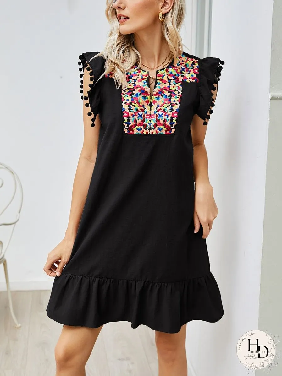 Embroidery Flutter Sleeve Mini Dress