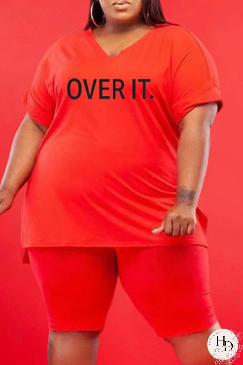 Black Fashion Casual Letter Print Slit V Neck Plus Size Two Pieces