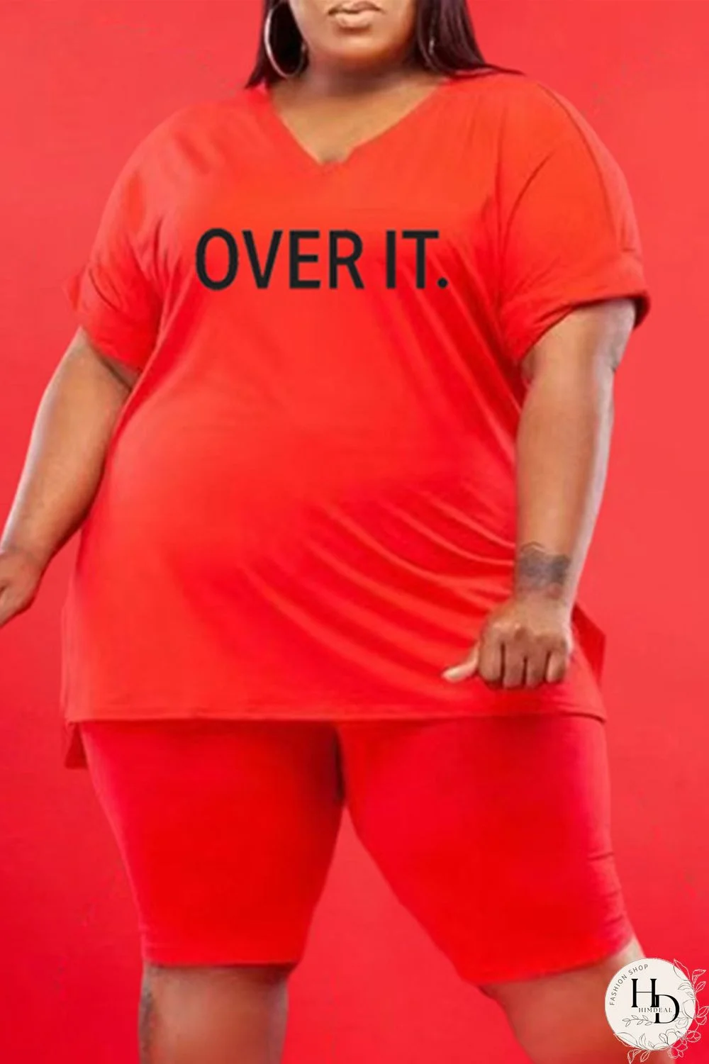 Black Fashion Casual Letter Print Slit V Neck Plus Size Two Pieces