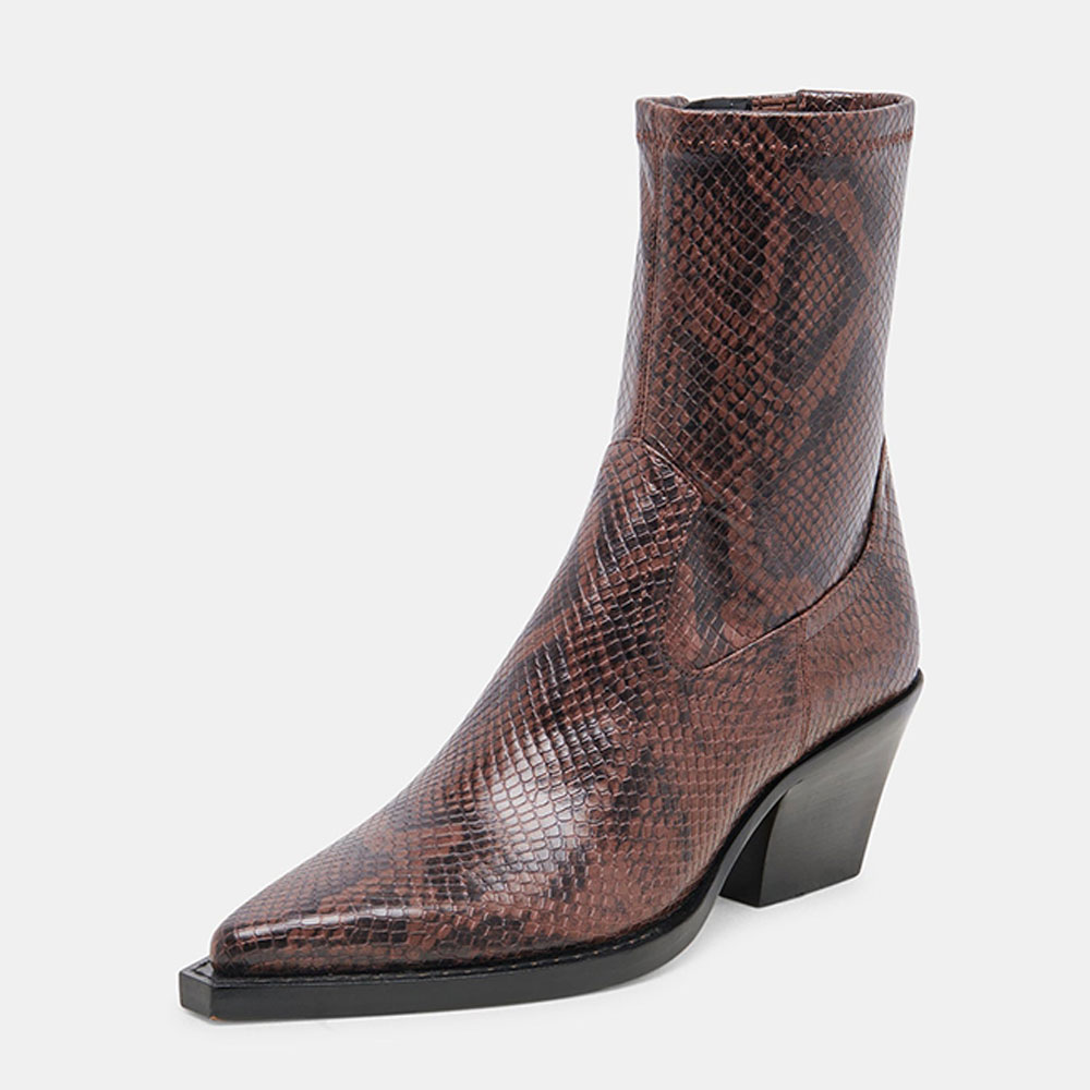 Brown Snake Embossed Pointed Toe Chunky Heel Ankle Boots for Women Nicepairs