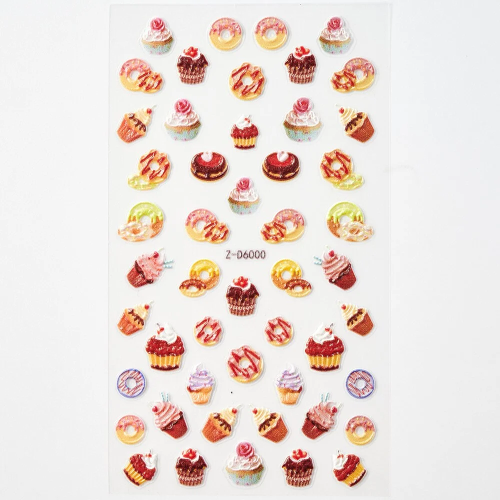 Churchf Embossed Cartoon Stickers 5D Korean Cute Fruit Ice Cream Cake Nail Decals Self Adhesive Back Adhesive Slider Nail Deco FK-6-Nail Inspo