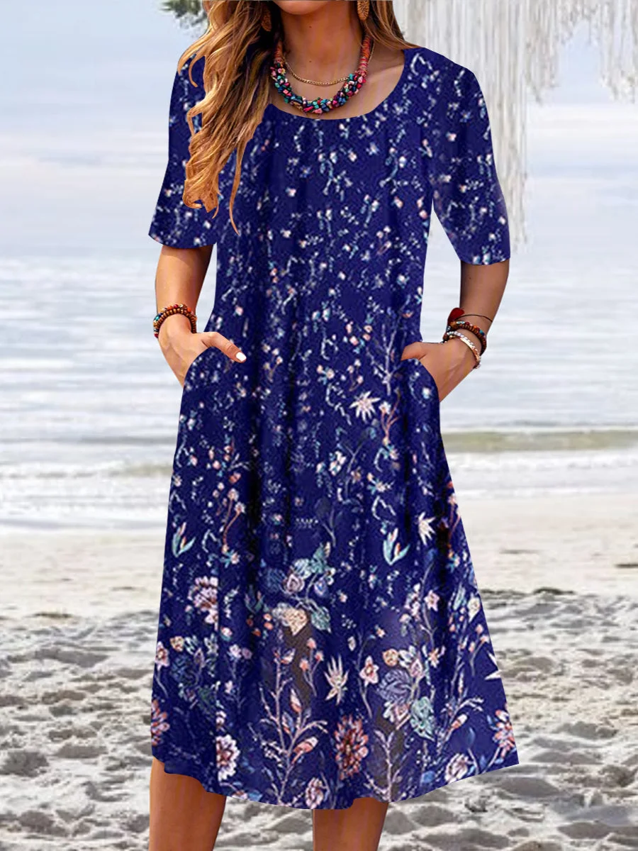 Women Short Sleeve Scoop Neck Floral Printed Midi Dress