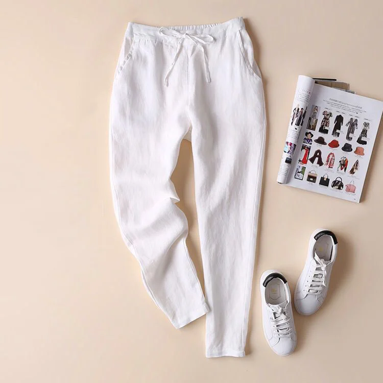 Vintage Solid Cotton Linen Pocket Casual Pants