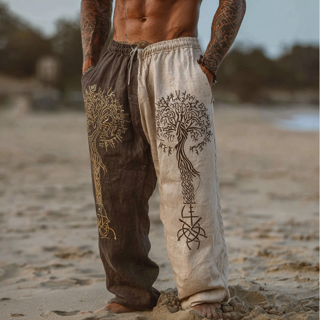 Men's Vintage Two-Tone Viking Tree Of Life Inspired Bohemian Summer Casual Pants / Rvogue / Rvogue