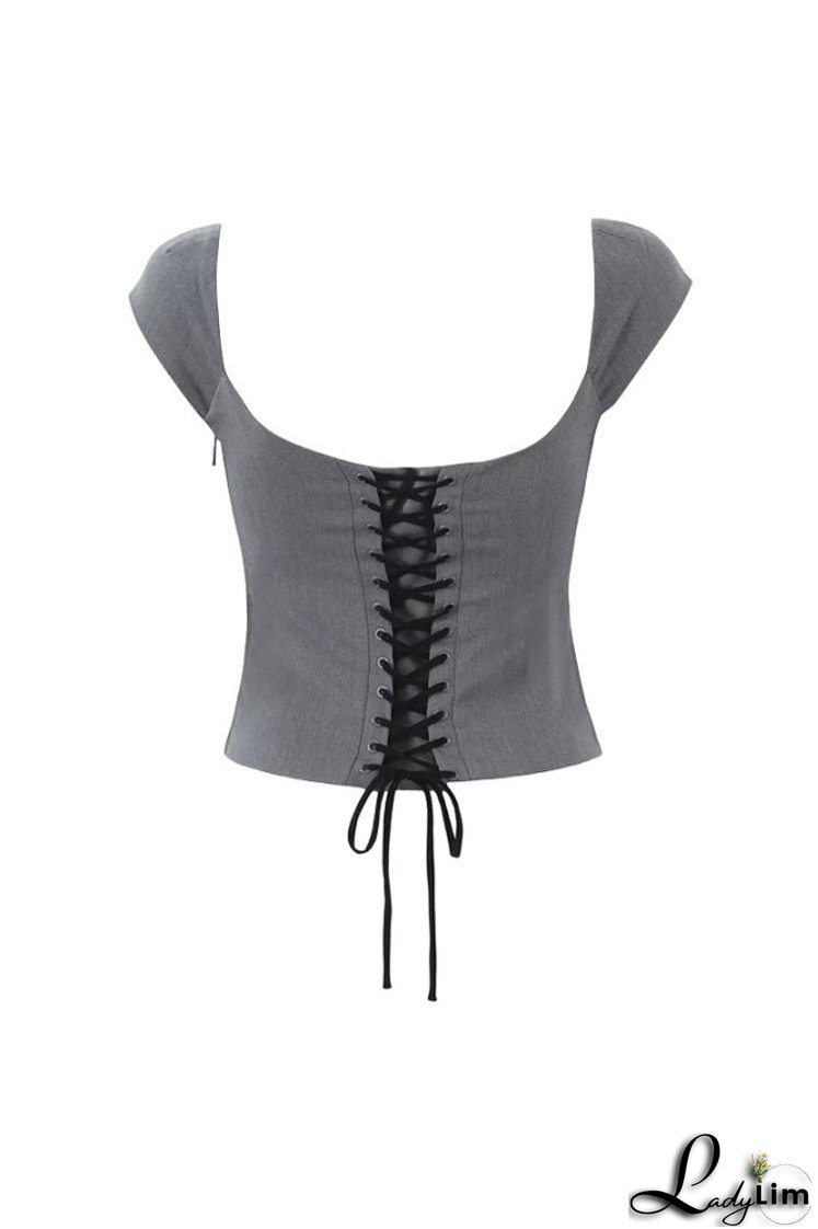 French Style Square Neck Cap Sleeve Lace Up Open Back Twilled Crop Top