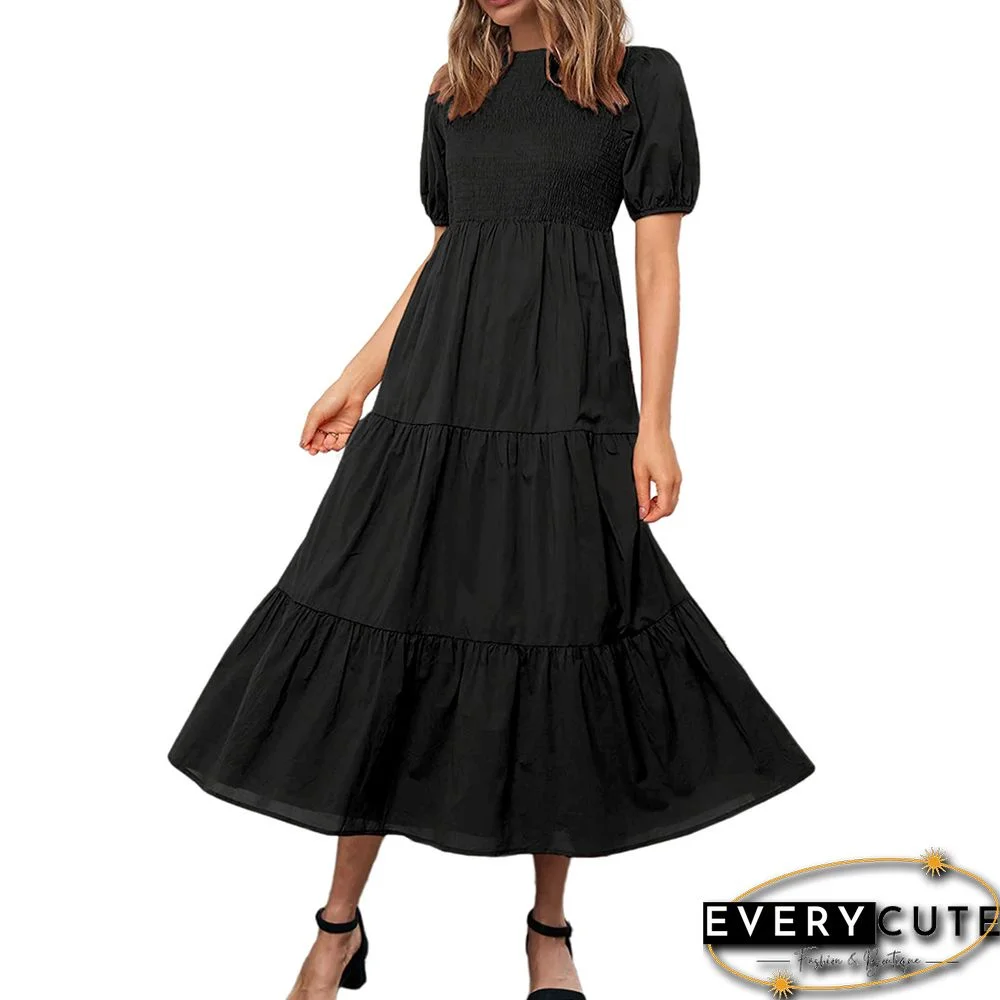 Black Back Lace-up Pleated Short Sleeve Midi Dress