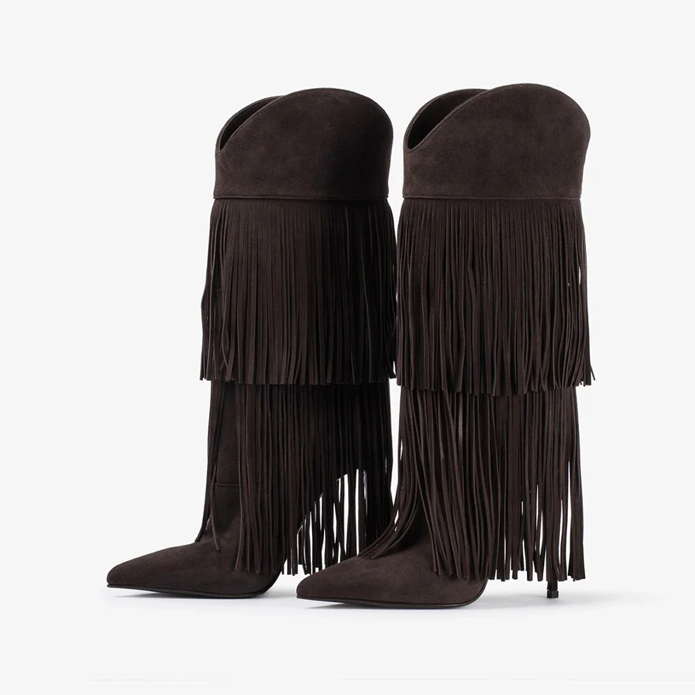 Brown Mid Calf Pointed Toe Stiletto High Heel Fringe Boots for Women