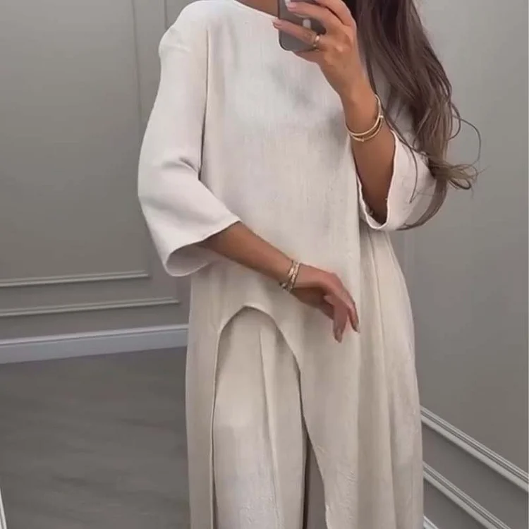 💕Solid Color Irregular Top & Wide-Leg Pants 2-PCS Set