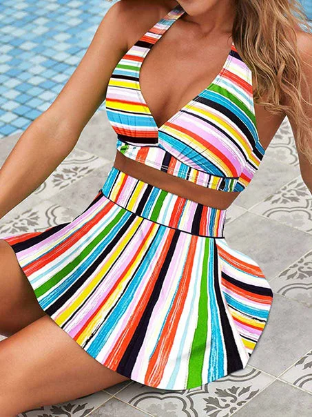 Striped Geometric Printed Halter Lace-up Bikini Set