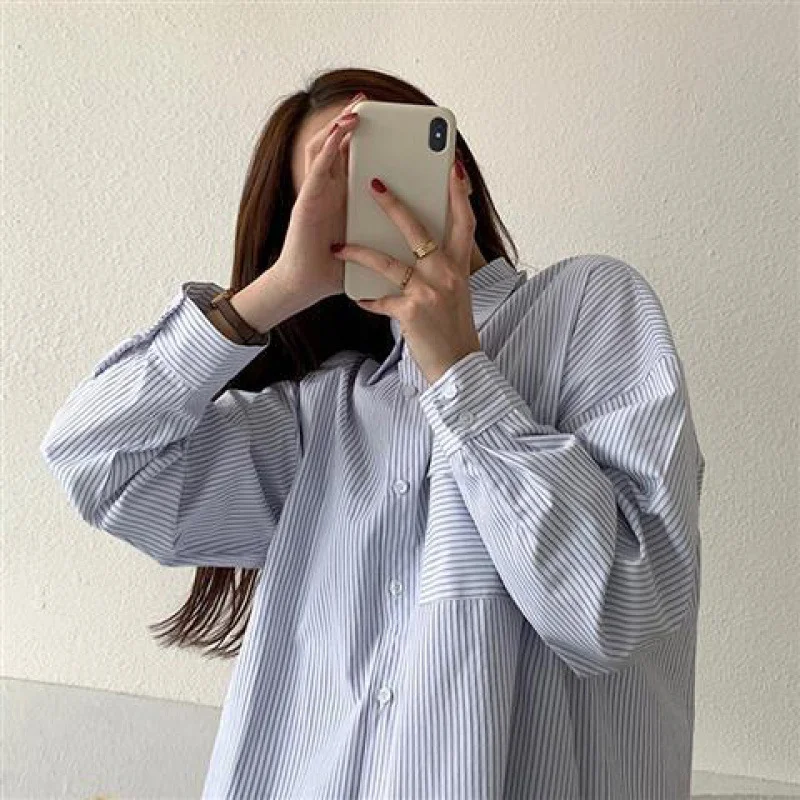 Uveng Uveng New Spring And Autumn Korean Version Of The Loose Salt Long-Sleeved Striped Shirt Women Wear Retro Hong Kong-Style Tops