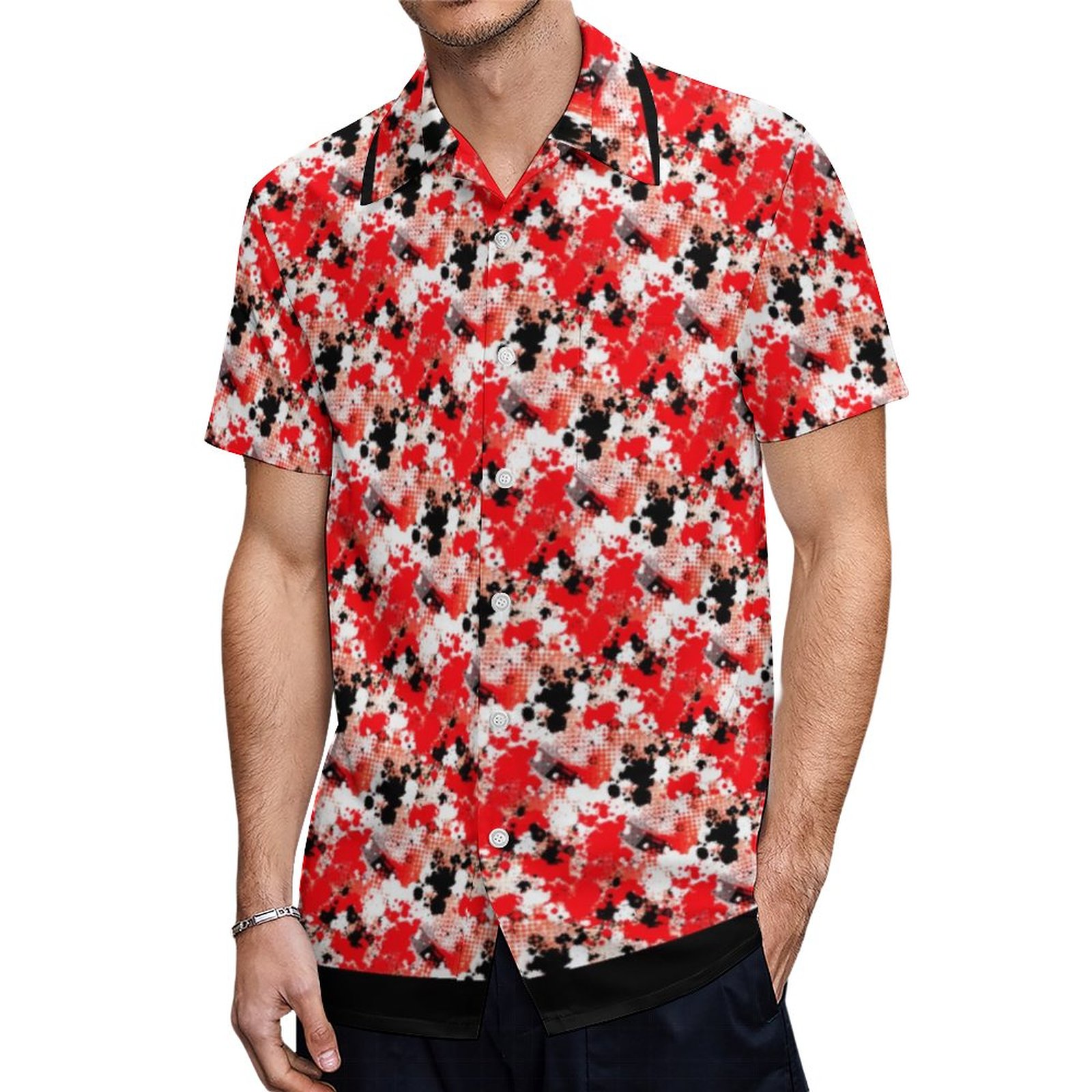 Abstract Red White Black Paint Splatter Pattern Hawaiian Shirt Mens Button Down Tropical Hawaii Beach Shirts
