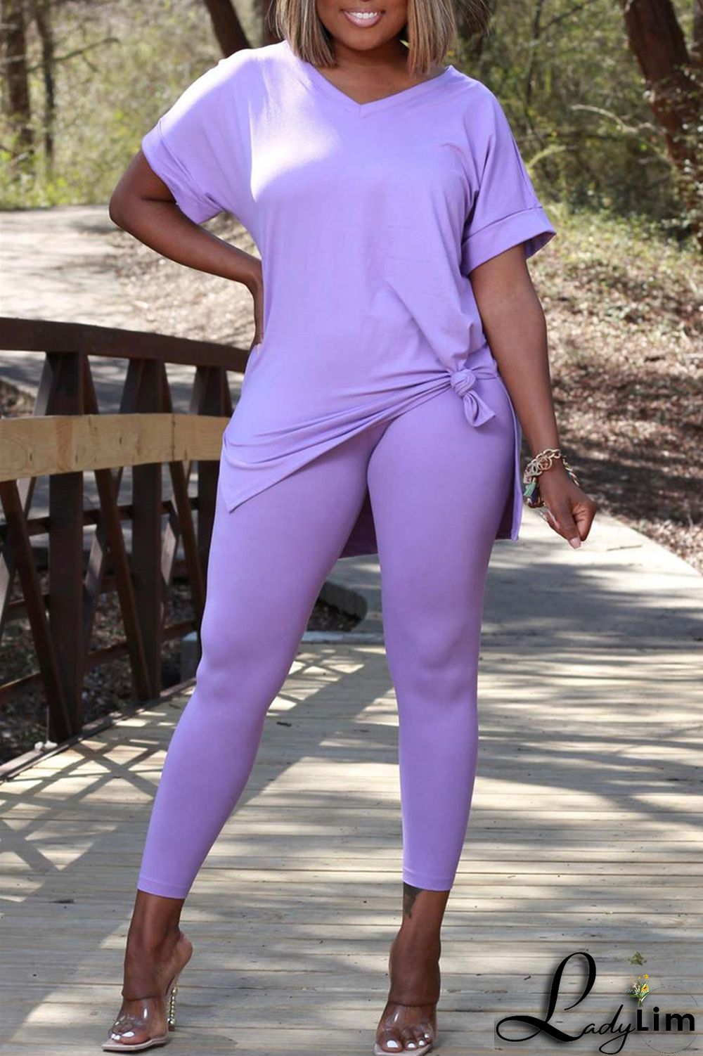 Milky Fashion Casual Solid Slit V Neck Short Sleeve Two Pieces