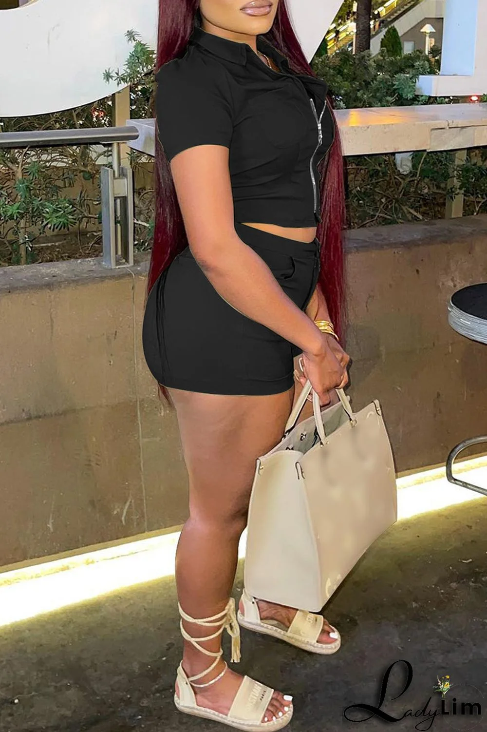 Khaki Fashion Casual Solid Basic Zipper Collar Short Sleeve Two Pieces