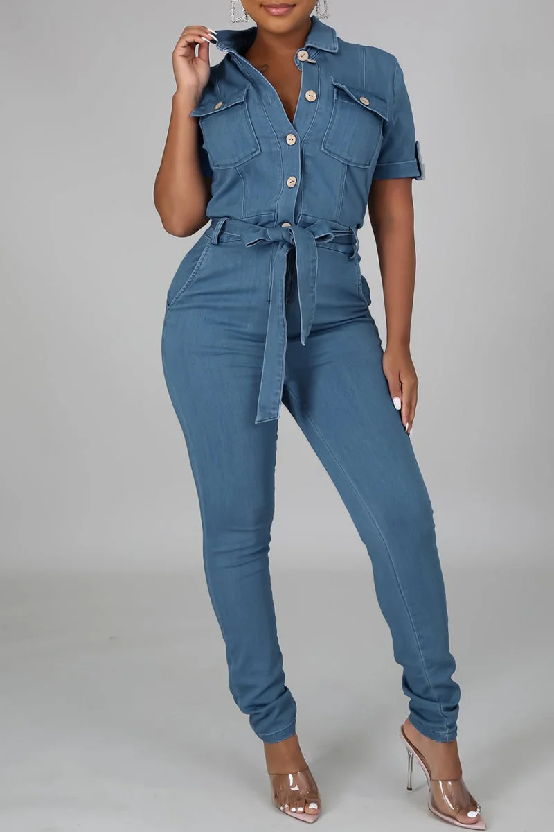 Fashion Casual Solid With Belt Turndown Collar Regular Jumpsuits
